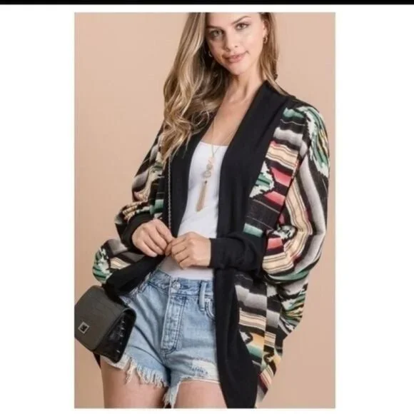 MULTICOLOR AZTEC PRINT OPEN CARDIGAN W/DOLMAN SLEEVES-NEW - Picture 8 of 8